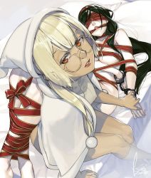 Rule 34 | 2girls, bed sheet, black hair, blindfold, blonde hair, christmas, covered erect nipples, cuffs, dark-skinned female, dark skin, dated, gift wrapping, glasses, handcuffs, hat, kyo (kuroichigo), long hair, lying, multiple girls, on back, orange eyes, original, parted lips, pillow, red lips, ribbon, santa hat, signature, sitting, turtleneck, unfinished, white headwear, wrapped up