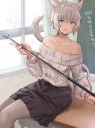 Rule 34 | 1girl, alternate costume, animal ears, babape, bare shoulders, black nails, black skirt, blue eyes, blurry, blurry background, cat ears, cat girl, cat tail, chalkboard, classroom, collarbone, commentary, desk, facial mark, feet out of frame, final fantasy, final fantasy xiv, grey hair, grey sweater, highres, holding, holding pointer, indoors, looking at viewer, miqo&#039;te, nail polish, neck tattoo, off-shoulder sweater, off shoulder, on desk, pantyhose, pointer, school desk, short hair, sitting, on desk, skirt, smile, solo, sweater, tail, tattoo, teacher, whisker markings, window, y&#039;shtola rhul