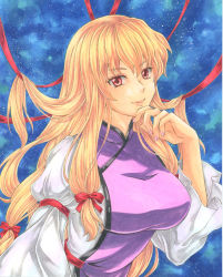 Rule 34 | 1girl, alternate eye color, arm strap, blonde hair, blue background, breasts, closed mouth, dress, finger to own chin, fingernails, from side, gradient background, hair lift, hair ribbon, hand up, highres, large breasts, light particles, lips, long hair, long sleeves, looking past viewer, nail polish, no headwear, puffy long sleeves, puffy sleeves, purple nails, red eyes, red ribbon, ribbon, shiny skin, sidelocks, smile, solo, syanari, tabard, touhou, traditional media, tress ribbon, upper body, very long hair, white dress, wide sleeves, yakumo yukari