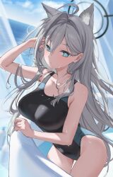 Rule 34 | 1girl, animal ear fluff, animal ears, black halo, black one-piece swimsuit, blue archive, blue eyes, breasts, collarbone, commentary request, competition swimsuit, dark halo, extra ears, grey hair, hair between eyes, halo, hand up, highres, jfjf, large breasts, long hair, looking at viewer, ocean, official alternate costume, one-piece swimsuit, outdoors, paid reward available, shiroko (blue archive), shiroko (swimsuit) (blue archive), shiroko terror (blue archive), solo, swimsuit, wet, wolf ears