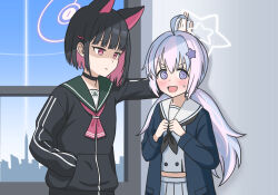 Rule 34 | 2girls, :d, @ @, ahoge, animal ears, arm support, black choker, black coat, black hair, black jacket, blue archive, blue sky, blunt bangs, blurry, blush, bob cut, bruce8763, building, cat ears, cat girl, choker, coat, colored inner hair, commentary, depth of field, embarrassed, extra ears, grey serafuku, grey skirt, hair between eyes, hair bobbles, hair ornament, hairclip, halo, highres, hood, hooded jacket, indoors, jacket, kabedon, kazusa (blue archive), long hair, long sleeves, looking at another, low twintails, multicolored hair, multiple girls, open clothes, open coat, open mouth, pleated skirt, reisa (blue archive), school uniform, serafuku, short hair, skirt, sky, skyline, skyscraper, smile, star (symbol), star hair ornament, sweatdrop, symbol-only commentary, twintails, two-tone hair, v-shaped eyebrows, window