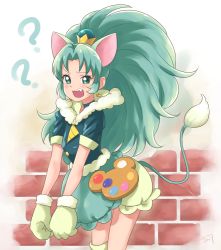 Rule 34 | 10s, 1girl, ?, alternate color, animal ears, chocokin, choker, cure gelato, earrings, extra ears, fang, food-themed hair ornament, gloves, green eyes, green gloves, green hair, hair ornament, jewelry, kirakira precure a la mode, lion ears, lion tail, long hair, looking at viewer, magical girl, open mouth, ponytail, precure, short sleeves, solo, tail, tategami aoi