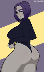 Rule 34 | ass, blush, breasts, colored skin, dc comics, foxicube, grey skin, highleg, highleg leotard, large breasts, leotard, looking at viewer, looking back, parted lips, purple hair, raven (dc), short hair, teen titans, thick thighs, thighs, thong leotard