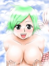 Rule 34 | 1girl, breasts, camie (one piece), covering privates, covering breasts, female focus, gradient background, green hair, highres, kagibane, large breasts, mermaid, monster girl, nude, one piece, open mouth, short hair, smile, solo, upper body
