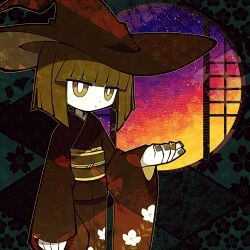 Rule 34 | 1girl, androgynous, blonde hair, bright pupils, colored skin, expressionless, floral background, funamusea, funamusea (artist), green background, hand up, hat, highres, japanese clothes, kimono, long sleeves, night, night sky, non-web source, official art, patterned background, sky, solo, touya (funamusea), white pupils, white skin, window, witch, witch hat, yellow eyes, yellow hat, yellow kimono, yellow nails
