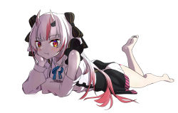 Rule 34 | 1girl, absurdres, barefoot, black bow, blue bow, blunt bangs, blush, bow, closed mouth, colored tips, detached sleeves, elbow rest, fang, foot up, full body, hair flowing over, head rest, highres, hololive, horns, invisible floor, legs, long hair, looking at viewer, lying, multicolored hair, nakiri ayame, nakiri ayame (girly), on stomach, oni, red eyes, simple background, skin-covered horns, solo, streaked hair, striped, striped bow, the pose, thighs, very long hair, virtual youtuber, white background, white hair, yama narashi