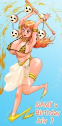 Rule 34 | 1girl, adapted costume, ass, bikini, breasts, cosplay, devil fruit, electricity, enel (cosplay), full body, happy birthday, highres, holding, holding weapon, large breasts, long hair, nami (one piece), one piece, orange hair, polearm, print bikini, revealing clothes, shiny skin, smile, solo, swimsuit, very long hair, weapon