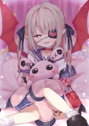 Rule 34 | alternate costume, bag, collar, commentary request, cushion, demon wings, eyepatch, fangs, hair ribbon, heart, heart-shaped pupils, highres, jacket, ksk (semicha keisuke), looking at viewer, makaino ririmu, nijisanji, open mouth, pillow, pointy ears, ribbon, school uniform, sitting, solo, stuffed toy, symbol-shaped pupils, virtual youtuber, wings