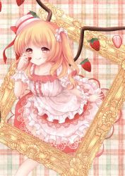 Rule 34 | 1girl, alternate costume, alternate headwear, blonde hair, blush, dress, flandre scarlet, food, framed, fruit, hair ornament, hat, hat ribbon, highres, layered dress, long hair, mumu-crown, non-web source, picture frame, plaid, plaid background, puffy sleeves, red eyes, ribbon, scan, short sleeves, side ponytail, smile, solo, strawberry, tongue, tongue out, touhou, wings, wrist cuffs