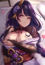 Rule 34 | 1girl, bed sheet, blush, braid, breasts, bridal gauntlets, cleavage, covering privates, covering one breast, flower, genshin impact, hair flower, hair ornament, highres, japanese clothes, kimono, kimono pull, large breasts, leonmandala, long hair, looking at viewer, lying, mole, mole under eye, nail polish, obi, on back, on bed, one breast out, parted lips, petals, pillow, purple eyes, purple flower, purple hair, purple kimono, raiden shogun, sash, shrug (clothing), single braid, smile, solo, tassel, very long hair, vision (genshin impact)