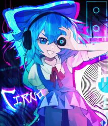 Rule 34 | 1girl, abstract background, absurdres, audio cable, blue bow, blue dress, blue eyes, blue hair, bow, cable, character name, chromatic aberration, cirno, clenched teeth, collared shirt, covering own eyes, dress, glitch, hair between eyes, hair bow, hand up, headphones, highres, holding, knees up, looking at viewer, neon palette, one eye covered, parasoru buruu, puffy short sleeves, puffy sleeves, recurring image, red ribbon, ribbon, shirt, short hair, short sleeves, silhouette, sitting, smile, solo, teeth, touhou, upper body, v-shaped eyebrows, white shirt