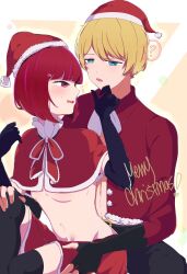 Rule 34 | 1boy, 1girl, ?, arima kana, black gloves, black pants, black thighhighs, blonde hair, blue eyes, blush, bob cut, breasts, capelet, christmas, commentary, elbow gloves, fingerless gloves, gloves, hat, hetero, highres, hoshino aquamarine, inverted bob, looking at another, lower teeth only, medium hair, merry christmas, open mouth, oshi no ko, pants, red capelet, red eyes, red hair, red headwear, red skirt, risdelusions, santa hat, short hair, skirt, small breasts, spoken question mark, stomach, sweatdrop, teeth, thighhighs, underboob