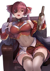 Rule 34 | 1girl, armchair, ascot, bare shoulders, bodysuit, bodysuit under clothes, bottle, breasts, chair, cleavage, commentary, covered navel, eyepatch, gloves, hair between eyes, hair ribbon, highres, holding, holding bottle, hololive, houshou marine, jacket, koruse, large breasts, leotard, leotard under clothes, looking at viewer, medium hair, miniskirt, off shoulder, open mouth, pleated skirt, red ascot, red eyes, red hair, red jacket, red ribbon, red skirt, ribbon, see-through, see-through cleavage, see-through leotard, simple background, sitting, skirt, smile, solo, teeth, thighhighs, twintails, upper teeth only, virtual youtuber, white background, white gloves, wine bottle