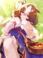 Rule 34 | 1girl, ahoge, animal ears, artist name, bag, between breasts, blue skirt, blurry, breasts, brown hair, bug, butterfly, closed mouth, depth of field, gloves, grass, half-closed eyes, high-waist skirt, highres, horse ears, insect, large breasts, long sleeves, looking at viewer, lying, medium hair, meisho doto (umamusume), multicolored hair, on back, outdoors, purple eyes, satchel, shoulder bag, skirt, smile, solo, strap between breasts, sunlight, two-tone hair, umamusume, white gloves, white hair, yutsuka (amyucca)