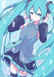 Rule 34 | 1girl, aqua eyes, aqua hair, aqua necktie, bare shoulders, black sleeves, blush, blush stickers, detached sleeves, grey shirt, hair between eyes, hatsune miku, headset, long hair, long sleeves, looking at viewer, looking to the side, masoogenki, necktie, shirt, sidelocks, simple background, solo, twintails, upper body, very long hair, vocaloid, wavy mouth, white background, wide sleeves