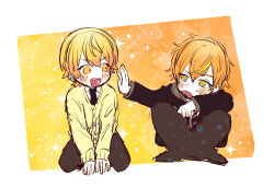 Rule 34 | 2boys, between thighs, black footwear, black jacket, black necktie, blonde hair, blue necktie, cardigan, chibi, collared shirt, commentary request, diagonal-striped clothes, diagonal-striped necktie, double-parted bangs, full body, gradient background, gradient hair, grey jacket, hair between eyes, highres, hood, hood down, indian style, jacket, kamiyama high school uniform (project sekai), kneeling, long sleeves, looking at another, looking to the side, male focus, multicolored background, multicolored clothes, multicolored hair, multicolored jacket, multicolored necktie, multiple boys, necktie, open clothes, open jacket, open mouth, orange background, orange eyes, orange hair, poppu usagi, project sekai, red necktie, school uniform, shinonome akito, shirt, shoes, short hair, sideways glance, sitting, sketch, sparkle, star (symbol), streaked hair, striped clothes, sweat, tearing up, teeth, tenma tsukasa, two-tone hair, two-tone jacket, upper teeth only, v-neck, v arms, white background, white necktie, white shirt, yellow cardigan