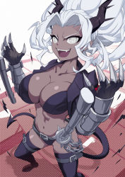 Rule 34 | 1girl, :d, bad id, bad pixiv id, bikini, black bikini, black horns, black jacket, black thighhighs, breasts, claws, collarbone, cropped jacket, dark-skinned female, dark skin, demon girl, demon horns, demon tail, fangs, helltaker, horns, jacket, judgement (helltaker), large breasts, long hair, looking at viewer, mokyumokyuchan, navel, open clothes, open jacket, open mouth, smile, solo, standing, stomach, swimsuit, tail, thigh strap, thighhighs, white eyes, white hair