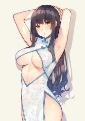 Rule 34 | 1girl, :o, armpits, arms up, bekotarou, black hair, blunt bangs, blush, breasts, china dress, chinese clothes, covered erect nipples, dress, highres, large breasts, long hair, mole, mole under eye, open mouth, original, pelvic curtain, side slit, sleeveless, sleeveless dress, solo, thighs, yellow eyes