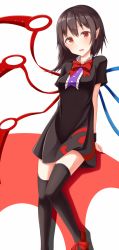 Rule 34 | 1girl, :d, arms behind back, asymmetrical wings, black dress, black hair, black thighhighs, blush, bow, bowtie, buttons, dress, frills, highres, houjuu nue, leg up, open mouth, pointy ears, pspmaru, red bow, red bowtie, red eyes, red footwear, shoes, short dress, short hair, short sleeves, simple background, smile, solo, standing, tareme, thighhighs, touhou, white background, wings, zettai ryouiki