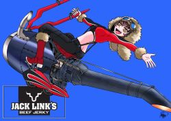 Rule 34 | 1girl, black pants, blue background, boots, brown headwear, butt crack, engine, fur trim, goggles, goggles on head, holding, matsuda miki, open hand, open mouth, pants, personification, real life, red footwear, v-shaped eyebrows, wheel, yellow eyes