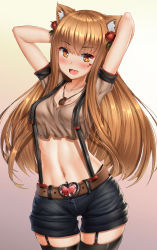 Rule 34 | 1girl, :d, animal ear fluff, animal ears, apple belt buckle, apple hair ornament, arms up, bare arms, beige shirt, belt, belt buckle, black shorts, black thighhighs, breasts, brown belt, buckle, collarbone, commentary, cowboy shot, crop top, crop top overhang, cropped shirt, english commentary, fangs, food-themed hair ornament, garter straps, gradient background, hair ornament, hair spread out, highres, holo, jewelry, looking at viewer, medium breasts, midriff, navel, necklace, open mouth, orange eyes, orange hair, oxenia, oxenia-art, pendant, short shorts, short sleeves, shorts, skindentation, slit pupils, smile, spice and wolf, standing, stomach, strap gap, suspenders, thigh gap, thighhighs, wide hips, wolf ears, wolf girl, zipper, zipper pull tab