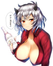 Rule 34 | 1girl, alcohol, areola slip, bad id, bad pixiv id, blush, breasts, commentary, drink, hair between eyes, helltaker, highres, horns, large breasts, looking at viewer, malina (helltaker), milk, nidaime (doronbo), no bra, open clothes, polish text, red eyes, red shirt, shirt, short hair, silver hair, simple background, solo, speech bubble, upper body, vodka, white background