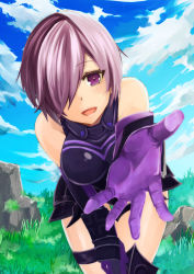 Rule 34 | 1girl, armor, artist request, bare shoulders, breasts, cloud, day, fate/apocrypha, fate/grand order, fate (series), gloves, highres, horonosuke, large breasts, leaning forward, looking at viewer, mash kyrielight, open mouth, purple eyes, purple hair, short hair, smile, solo, thigh gap, thigh strap
