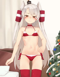 Rule 34 | 1girl, amatsukaze (kancolle), bikini, christmas, christmas tree, commission, female focus, fur trim, grin, hair tubes, highres, kantai collection, long hair, looking at viewer, navel, outie navel, pixiv commission, red bikini, red thighhighs, smile, solo, standing, swimsuit, thighhighs, tsuzuri (tu-san house), two side up, white hair, yellow eyes