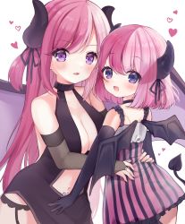 Rule 34 | 2girls, age difference, black dress, black gloves, blush, breasts, bridal gauntlets, center opening, choker, cleavage, demon girl, demon horns, demon tail, demon wings, dress, dual persona, elbow gloves, face-to-face, garter belt, garter straps, gloves, hands on another&#039;s waist, heart, highres, horns, indie virtual youtuber, kyuotto, large breasts, long hair, looking at viewer, moeko (moeko0903), multiple girls, navel, open mouth, pink eyes, pink hair, pubic tattoo, purple dress, ribbon, short hair, smile, striped clothes, striped dress, tail, tattoo, two side up, virtual youtuber, wings