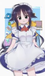 Rule 34 | 1girl, ahoge, andou mahoro, apron, ascot, black hair, blue dress, blush, border, bow, brooch, cassette tape, cellphone, closed mouth, computer, dress, floppy disk, green eyes, highres, icon (computing), jewelry, jpeg artifacts, kanzaki nyo, laptop, long hair, looking at viewer, mahoromatic, maid, maid headdress, phone, pixels, red ascot, smile, solo, white apron, white border, yellow bow