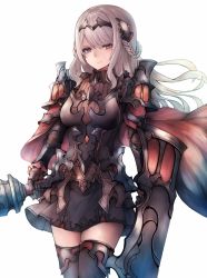Rule 34 | 1girl, armor, armored dress, bad id, bad pixiv id, braid, breasts, brown eyes, cape, closed mouth, collared dress, cowboy shot, dress, frilled sleeves, frills, gauntlets, gloves, greaves, grey hair, headpiece, highres, holding, holding lance, holding polearm, holding shield, holding weapon, knight, lance, long hair, long sleeves, looking at viewer, medium breasts, original, pauldrons, polearm, shield, shoulder armor, sidelocks, simple background, snm (sunimi), solo, thighs, weapon, white background