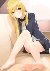 Rule 34 | 1girl, absurdres, barefoot, blonde hair, couch, feet, highres, ju yorimoto, kantai collection, long hair, looking at viewer, low twintails, satsuki (kancolle), smile, soles, toes, twintails, yellow eyes