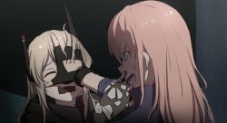 Rule 34 | 2girls, anger vein, angry, arm up, black gloves, blonde hair, blue jacket, blush, cheek pinching, closed eyes, face grab, fighting, fingerless gloves, girls&#039; frontline, gloves, hand on another&#039;s face, hand on another&#039;s head, headgear, jacket, long hair, long sleeves, looking at another, m4 sopmod ii (girls&#039; frontline), mechanical arms, multiple girls, ntw-20 (girls&#039; frontline), open mouth, pinching, pink hair, purple eyes, silver hair, single mechanical arm, st ar-15 (girls&#039; frontline), tears, wavy mouth, xiujia yihuizi