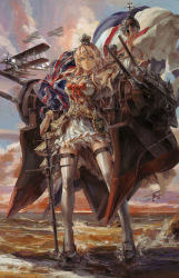 Rule 34 | 10s, 1girl, blonde hair, blue eyes, bow, bowtie, brown dress, corset, cross-laced clothes, crown, dress, england, frilled dress, frilled skirt, frills, full body, grey footwear, jewelry, kantai collection, long hair, necklace, orb, red bow, red bowtie, seaplane, shoes, skirt, solo, staff, standing, stu dts, thighhighs, turret, union jack, united kingdom, warspite (kancolle), water, waves, white skirt, white thighhighs, wind