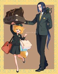 Rule 34 | 1boy, 1girl, animal ears, black footwear, black jacket, black pants, black skirt, blue hair, collared shirt, formal, fox ears, fox girl, fox tail, green eyes, heixiu, highres, jacket, long hair, luo xiaohei, luo xiaohei (cat), luo xiaohei zhanji, medium hair, necktie, open mouth, orange hair, pants, red bag, red necktie, ruoshui (the legend of luoxiaohei), shirt, shoes, skirt, smile, suit, suitcase, tail, twitter username, very long hair, white shirt, wuxian (the legend of luoxiaohei), yun be fall