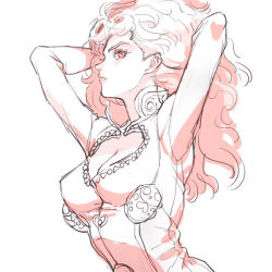 Rule 34 | 1girl, arms up, cleavage, genderswap, genderswap (mtf), giorno giovanna, jojo no kimyou na bouken, looking at viewer, partially colored, profile, simple background, solo, upper body, wavy hair, white background, zakki
