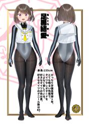 Rule 34 | 1girl, :d, black pantyhose, brown hair, commentary request, covered navel, grey leotard, gurande (g-size), highres, leotard, leotard under clothes, multicolored hair, multiple views, neckerchief, no shoes, one side up, open mouth, original, pantyhose, pink hair, purple eyes, sailor collar, shirt, sleeveless, sleeveless shirt, smile, standing, thighband pantyhose, translation request, turnaround, two-tone hair, white background, white sailor collar, white shirt, yellow neckerchief