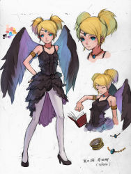 Rule 34 | 1girl, angel, armlet, black wings, blonde hair, blue eyes, character sheet, closed eyes, dress, fkey, highres, jewelry, necklace, original, pantyhose, short hair, short twintails, sketch, twintails, white pantyhose, wings