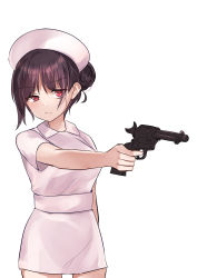 Rule 34 | 1girl, absurdres, breasts, brown hair, collared dress, commentary request, cowboy shot, dress, fang, fang out, gun, hair bun, half-closed eye, handgun, hat, heart, heart-shaped pupils, highres, holding, holding gun, holding weapon, medium breasts, natsu (sinker8c), nurse, nurse cap, original, outstretched arm, pink dress, pink hat, red eyes, revolver, short sleeves, sidelocks, simple background, single hair bun, solo, standing, symbol-shaped pupils, uneven eyes, weapon, white background