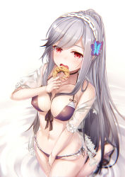Rule 34 | 1girl, adapted costume, alternate costume, anchor symbol, azur lane, between legs, bikini, blush, braid, breasts, butterfly hair ornament, choker, cleavage, closed mouth, collarbone, crown braid, doughnut, dunkerque (azur lane), dunkerque (summer sucre) (azur lane), eorx, flower, food, front-tie top, grey hair, hair ornament, hairband, hand between legs, headdress, holding, holding food, kneeling, large breasts, long hair, looking at viewer, navel, open mouth, partially submerged, pink eyes, ponytail, purple bikini, ripples, sandals, see-through, shirt, sidelocks, solo, swimsuit, thighs, wet, white shirt