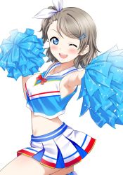 Rule 34 | 1girl, armpits, blue eyes, cheerleader, hair between eyes, highres, miniskirt, pom pom (cheerleading), sankuro (agoitei), simple background, skirt, solo, standing, standing on one leg, striped clothes, striped skirt, tagme, thighs, v-neck, watanabe you, white background