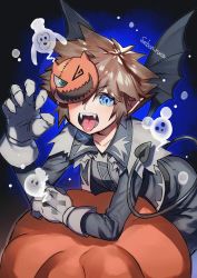 Rule 34 | 1boy, artist name, bat wings, black jacket, blue eyes, brown hair, claws, clenched hand, demon tail, donald duck, fangs, ghost, gloves, goofy, grey gloves, hair between eyes, halloween, halloween costume, highres, jacket, kingdom hearts, leaning forward, long sleeves, male focus, mickey mouse, official alternate costume, one eye covered, open mouth, pointy ears, seboniruca, short hair, slit pupils, sora (kingdom hearts), spiked hair, tail, tongue, tongue out, wings