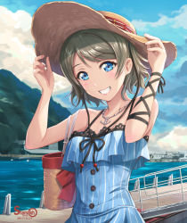 Rule 34 | 10s, 1girl, adjusting clothes, adjusting headwear, anchor, artist name, bag, bare shoulders, black ribbon, blue dress, blue eyes, buttons, cloud, cloudy sky, dated, day, dress, grey hair, grin, handbag, hands up, hat, highres, hill, jewelry, lace trim, looking at viewer, love live!, love live! school idol festival, love live! sunshine!!, necklace, ocean, outdoors, pendant, pier, ribbon, shamakho, short hair, sky, sleeveless, sleeveless dress, smile, solo, spaghetti strap, straw hat, striped clothes, striped dress, sun hat, teeth, upper body, vertical-striped clothes, vertical-striped dress, watanabe you, wrist ribbon