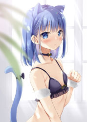 Rule 34 | 1girl, animal ears, armpit crease, bare arms, bare shoulders, black bra, black choker, blue eyes, blue hair, blurry, bra, breasts, cat ears, cat girl, cat tail, choker, closed mouth, collarbone, depth of field, extra ears, from side, lingerie, long hair, looking at viewer, natsume eri, original, sidelocks, small breasts, solo, string bra, tail, tail raised, underwear, underwear only, upper body