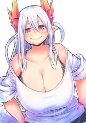 Rule 34 | 1girl, absurdres, bare shoulders, black bra, blush, bra, bra strap, breasts, cleavage, curvy, demon girl, demon tail, demon wings, hand on own hip, highres, horns, huge breasts, long hair, looking at viewer, lorem (mazohaha), musuko ga kawaikute shikatanai mazoku no hahaoya, official style, pointy ears, red eyes, smile, solo, tail, underwear, white background, wide hips, wings, zyugoya