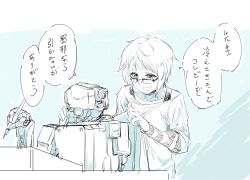 Rule 34 | 1girl, blanket, blue theme, commentary, exocet, freckles, glasses, highres, holding, holding pen, layered sleeves, long sleeves, mechanical buddy universe, monochrome, nib pen (object), pen, robot, shirt, short hair, short over long sleeves, short sleeves, t-shirt, translated