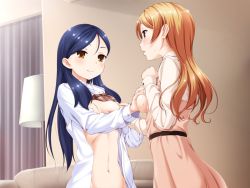 Rule 34 | 2girls, aida takanobu, blonde hair, blue hair, blush, bra, bra lift, grabbing another&#039;s breast, breasts, breasts out, brown eyes, embarrassed, eyebrows, game cg, grabbing, indoors, kani biimu, large breasts, long hair, long sleeves, looking at another, multiple girls, navel, open clothes, parted lips, smile, sono hanabira ni kuchizuke wo, standing, tears, unbuttoned, underwear, yellow eyes, yuri