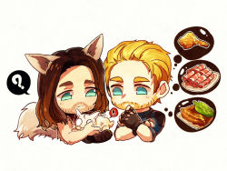 Rule 34 | !, 2boys, animal ears, animification, aqua eyes, beard, blonde hair, blue eyes, brown hair, captain america, chibi, chicken (food), facial hair, fingerless gloves, food, fried chicken, gloves, goat, highres, james buchanan barnes, long hair, male focus, marvel, marvel cinematic universe, meat, multiple boys, pickieeeee, steve rogers, tail, thinking, thought bubble, wolf ears, wolf tail