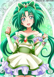 Rule 34 | akimoto komachi, back bow, bare shoulders, bike shorts, blush, bow, breasts, brooch, butterfly hair ornament, cowboy shot, cure mint, dated, detached sleeves, dress, frilled dress, frills, gradient background, green background, green bow, green eyes, green hair, hair ornament, hanzou, highres, jewelry, long hair, looking at viewer, magical girl, open mouth, precure, small breasts, solo, twitter username, very long hair, watch, yellow dress, yes! precure 5