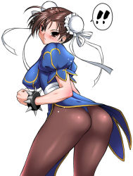 Rule 34 | !, 1girl, ass, breasts, brown eyes, brown hair, bun cover, capcom, china dress, chinese clothes, chun-li, double bun, dress, eyeshadow, impossible clothes, impossible shirt, large breasts, makeup, onomeshin, pantyhose, pelvic curtain, shirt, solo, street fighter
